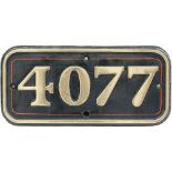 GWR brass cabside numberplate 4077 ex GWR Collett 4-6-0 Castle built at Swindon in 1924 and named