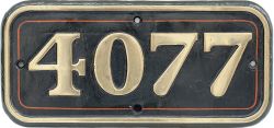 GWR brass cabside numberplate 4077 ex GWR Collett 4-6-0 Castle built at Swindon in 1924 and named