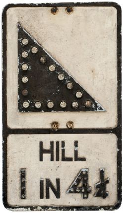 Road sign HILL 1 IN 4 1/4 with glass fruit gum and bead reflectors. Cast aluminium with makers