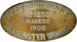 Worksplate GREAT NORTHERN RY CO MAKERS DONCASTER WORKS No 1233 1909 ex GNR Ivatt Class D1 4-4-0,