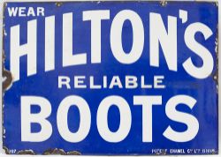 Advertising enamel sign. WEAR HILTON'S RELIABLE BOOTS. Excellent condition.