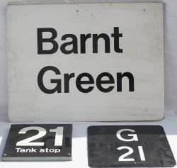 BARNT GREEN Station Sign together with G21 plate and 21 TANK STOP all recovered from Bromsgrove.