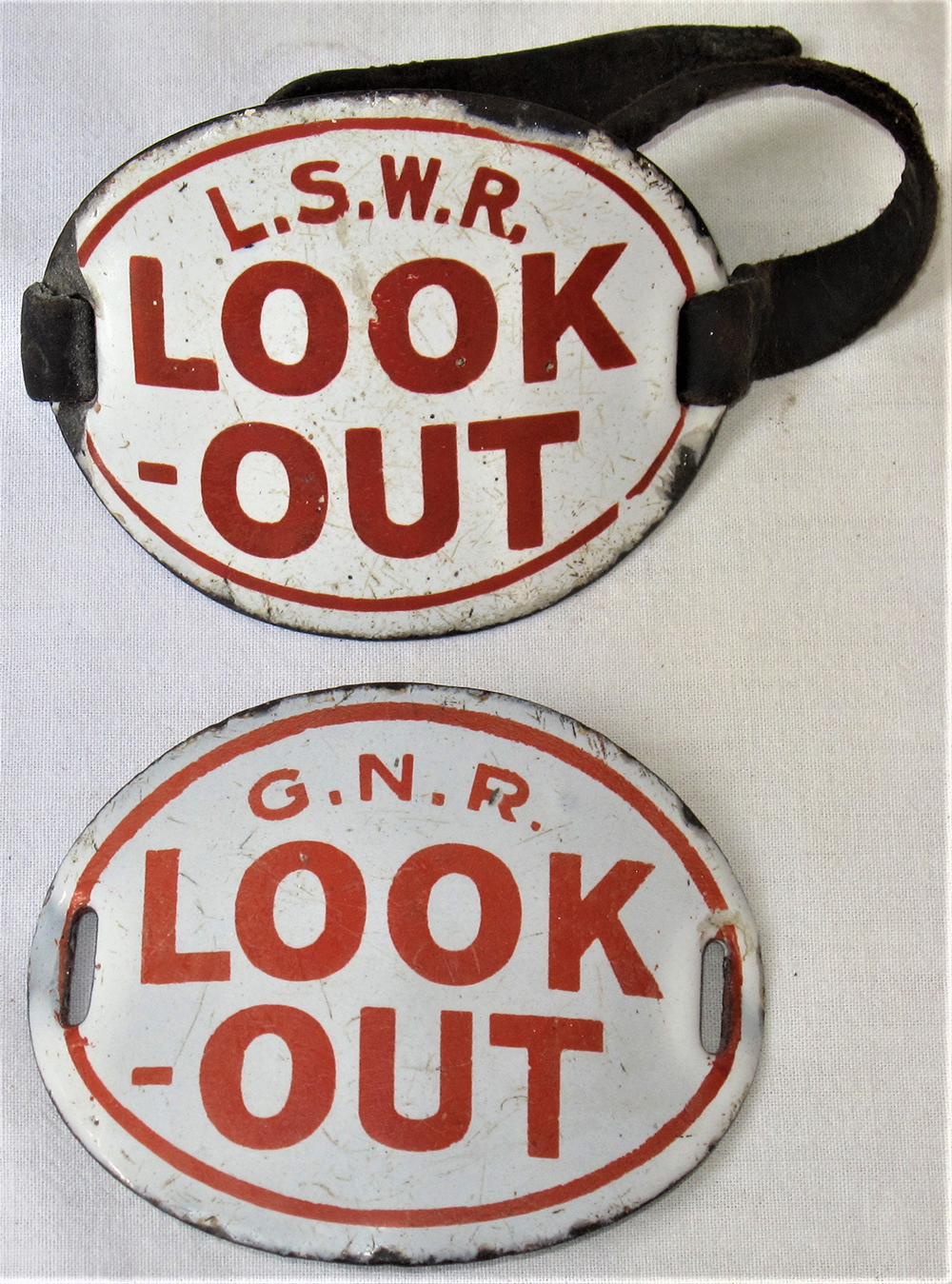 2 x Pre grouping arm bands. L.S.W.R LOOK OUT and G.N.R LOOK OUT both in good condition. The GNR