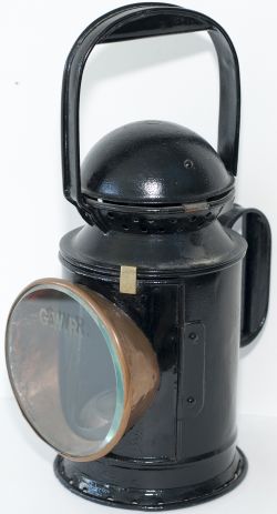 GWR Pre grouping steel top HANDLAMP. Stamped on side GWR SWINDON with BR reservoir, red and blue