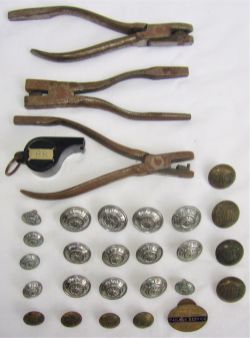 A lot containing 3 unmarked ticket nippers together with a GWR WW2 service badge. A BR Guards