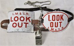 A Lot containing 3 x items. A square rare LM&SR Look out arm band complete with leather strap. A