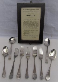 9 x pieces of PULLMAN cutlery inclusive of spoons and forks together with a framed card notice in