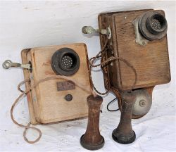 2 x railway Box to Box wooden cased telephones with separate mouth and ear pieces in ex railway