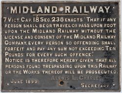 Midland Railway cast iron TRESPASS sign. Recovered from top of the Lickey incline at BLACKWELL.