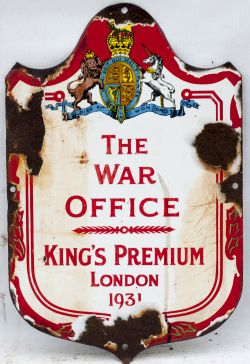 Advertising enamel Sign. THE WAR OFFICE KING'S PREMIUM LONDON 1931.