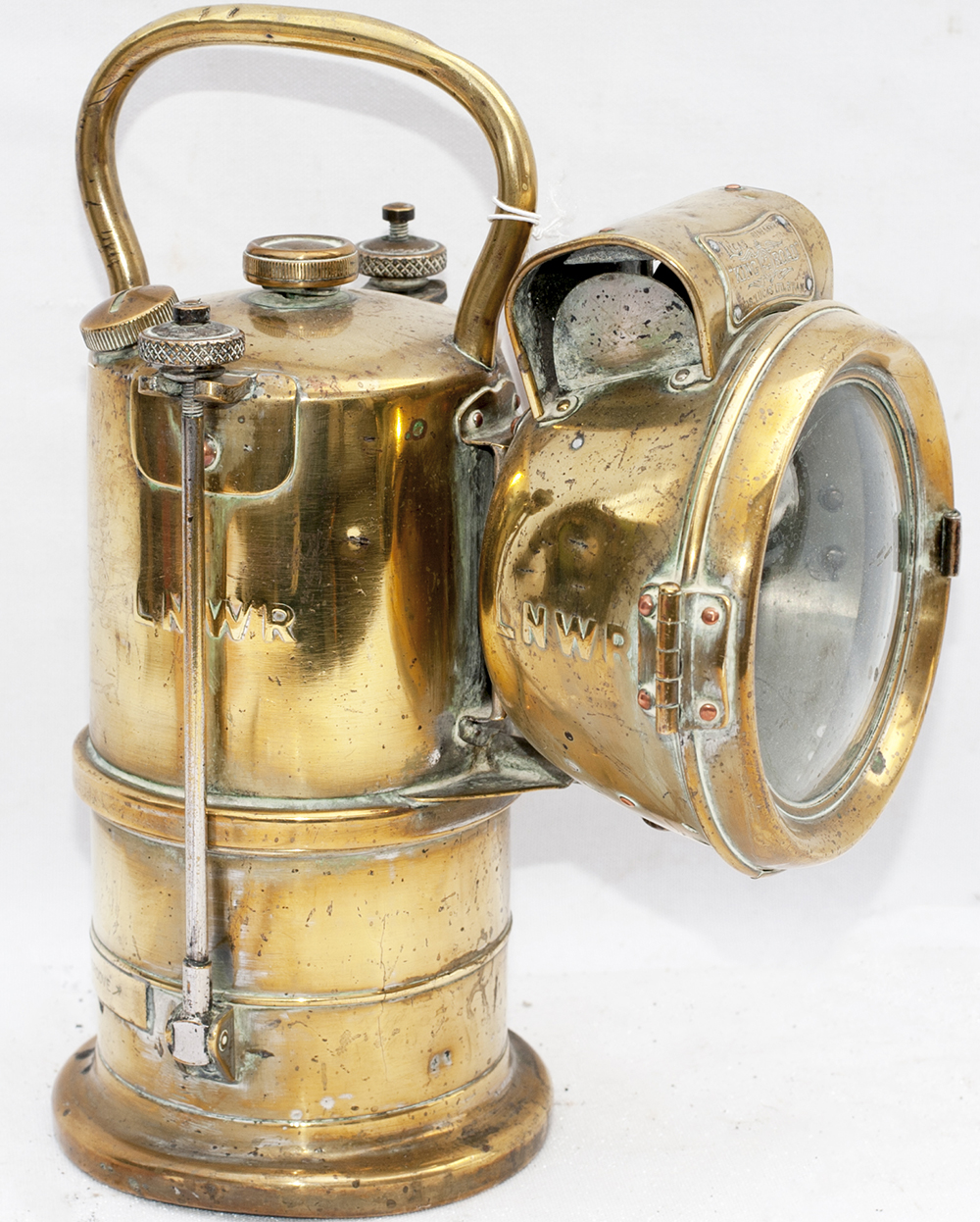 LNWR brass carbide examiner's Hand lamp made by LUCAS King of the road embossed 3 times LNWR.