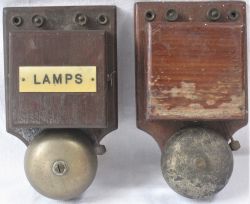 2 x GWR Lamp indicator warning bells. One fitted with ivorine LAMPS plate. Both in good ex box