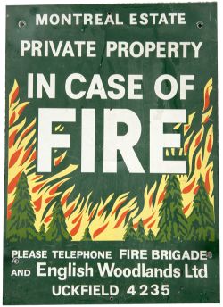 Enamel Sign from private estate. MONTREAL ESTATE. IN CASE OF FIRE. ENGLISH WOODLANDS. In good