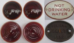 A lot containing 4 x unused RED tail lamp glasses together with an enamel NOT DRINKING WATER sign