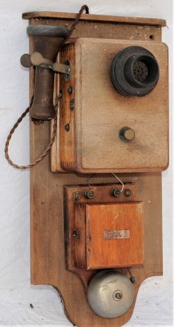 Railway signal box or office telephone mounted onto a wooden back board complete with separate