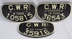 A Lot containing 3 x GWR D Wagon plates. GWR 20 Tons No 35916. GWR 12 tons No 36543. GWR 6 tons No