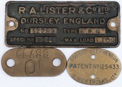 3 x loco items. RA Lister WORKSPLATE for 1 ton PN Loco. ROBERT STEVENSON Patent plate and SR Cab