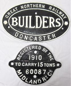 GNR cast iron builders plate, GREAT NORTHERN RAILWAY - DONCASTER together with a MIDLAND RAILWAY
