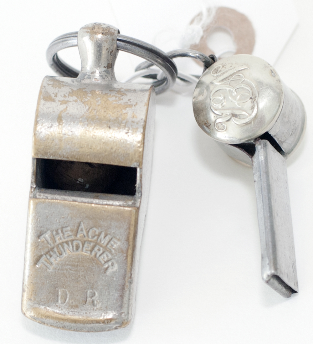 2 x Guards Whistles. Acme Thunderer DISTRICT RAILWAY and an NER button whistle both in ex service