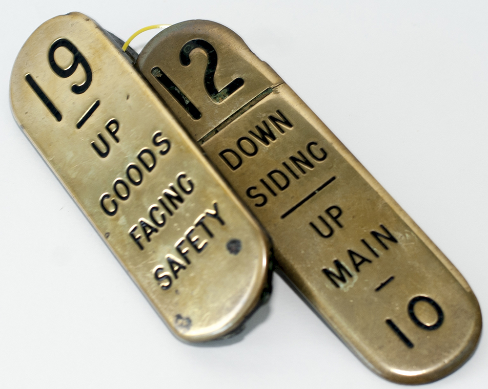 2 x GWR brass lever plates. 12 - DOWN SIDING UP MAIN, together with 19 - UP GOODS FACING SAFETY.