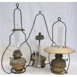 A lot containing 2 x brass signal box hanging lamps complete with glass chimneys and cradles. One