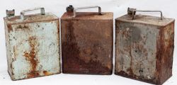 3 x Early 2 gallon PETROL CANS. SHELL SPIRIT. ESSO and SHELL MEX.