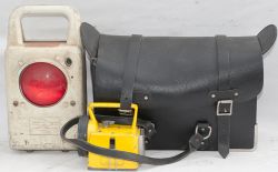 BR leather Guards Bag together with a Bardic Hand lamp and a modern battery operated train tail