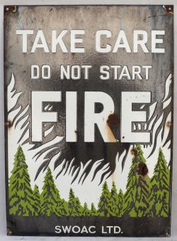 Enamel Warning Sign. TAKE CARE. DO NOT START FIRE. SWOAC LTD. Recovered from Scotland.