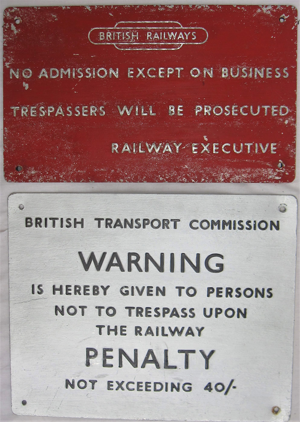 2 x BR pressed aluminium signs. BRITISH RAILWAYS, NO ADMISSION EXCEPT ON BUSINESS and BRITISH