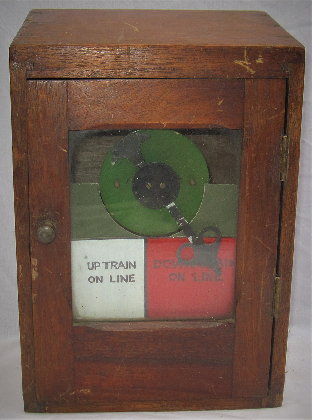 GNR CROSSING KEEPER instrument mounted into wooden protection box. Indicator will show UP TRAIN ON
