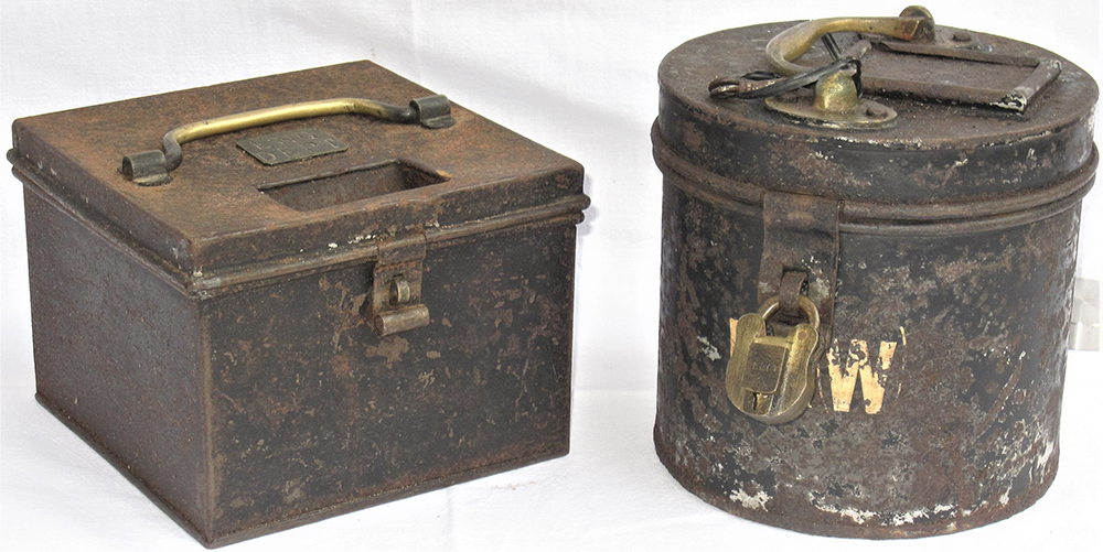 2 x PAY CHECK tins. One round marked BR(W) with lock and key. The other square with brass plate