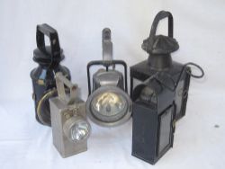 A lot containing 5 x railway lamps. BR standard hand lamp. An examiners carbide inspection lamp. A