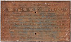 GN & GE JOINT railway cast iron trespass notice. PUBLIC WARNING NOT TO TRESPASS. Dated 1893. In good