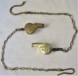 2 x Railway guards whistles. MRCo P.W and GWR LOCO DEPT 1884. Both in very good condition and