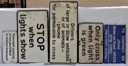 A lot containing 6 x modern image warning signs to include STOP WHEN LIGHTS SHOW. OVERNIGHT PARKING.