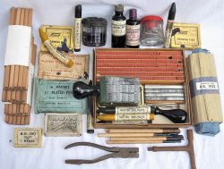 A Lot containing several office related items to include BR 1932 sealing wax. Ink pens and