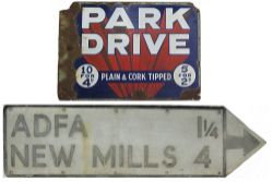 Enamel advertising sign, PARK DRIVE PLAIN & CORK TIPPED together with a road direction sign, ADFA