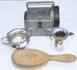 Pullman Sugar Bowl and Pullman milk jug together with an LNER Clothes brush and a Bardic handlamp.