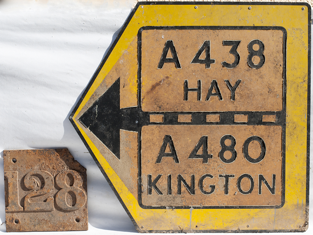Road Direction Sign. A 438 HAY. A 480 KINGTON, and a Cast iron Brecon Canal Bridge Plate 128.