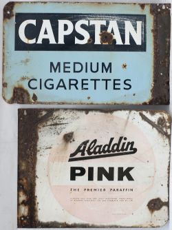 2 X Enamel double sided Advertising Signs. CAPSTAN MEDIUM CIGARRETTES and ALADDIN PINK PARAFIN.