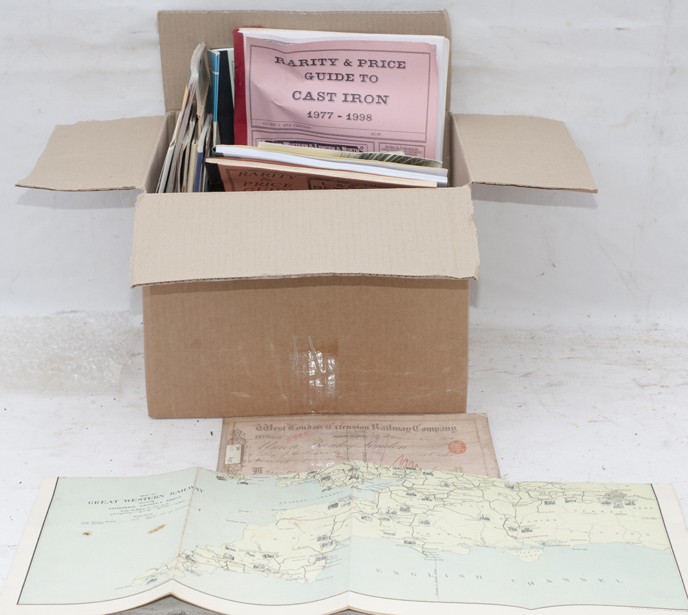 A box containing various GWR paperwork, books, a map and old RCJ collectors guides