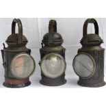 3 x BR(W) brass collar hand lamps. 2 x 4 aspect and 1 x 3 aspect all complete with interiors but two