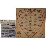 A collection of approximately 49 enamel badges mounted on board together with a St Christopher's