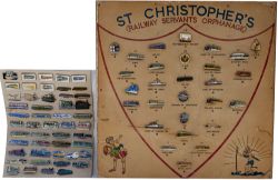 A collection of approximately 49 enamel badges mounted on board together with a St Christopher's