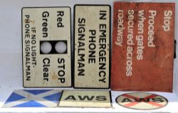 A lot containing 6 x modern image warning signs to include IN EMERGENCY PHONE SIGNALMAN. RED STOP