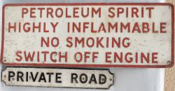 2 X Enamel Road Signs. PETROLEUM SPIRIT NO SMOKING and PRIVATE ROAD.