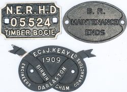 3 x cast iron plates. NER Bogie Plate. EC & J KEAY BRIDGE MAKER'S PLATE and BR MAINTENANCE ENDS