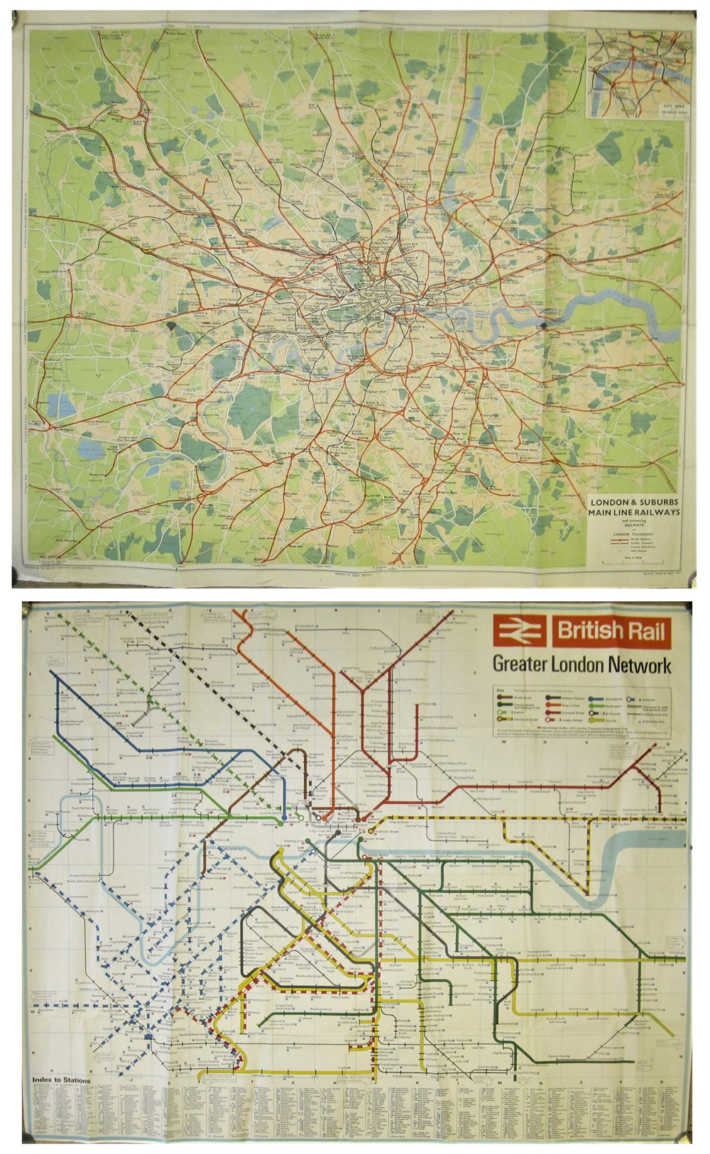 A Lot containing 4 x poster maps. 2 x Quad Royal posters of LONDON SUBURBS main line railways with