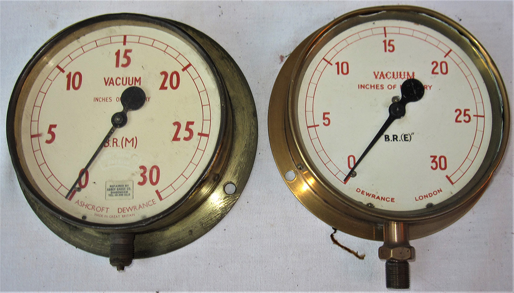 2 x brake van or loco brass case VACUUM GAUGES BR(M) and BR(E) 0 - 30 inches of mercury made by