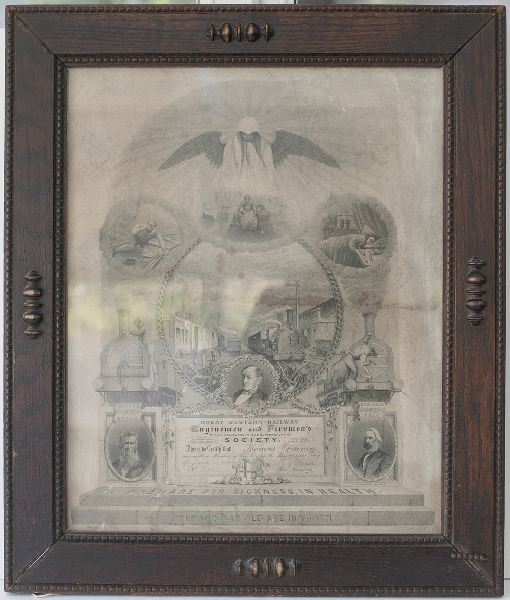GWR framed and glazed Enginemen and Fireman's society certificate dated 1898 to give financial